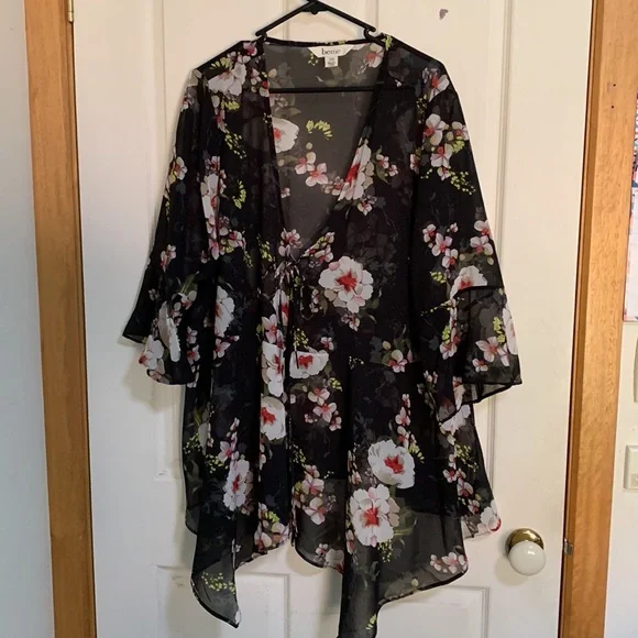 BEME BLACK FLORAL TIE 3/4 SLEEVE FLARE CUFF TIE COVER UP SHIRT SIZE 20 - Picture 3 of 9
